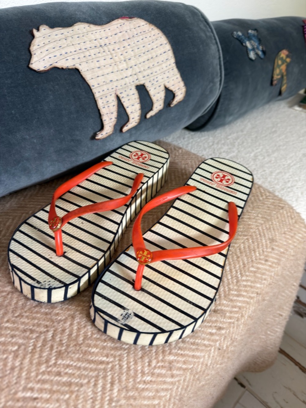 Tory Burch Navy and Cream Striped Flip Flop with Coral Straps platform